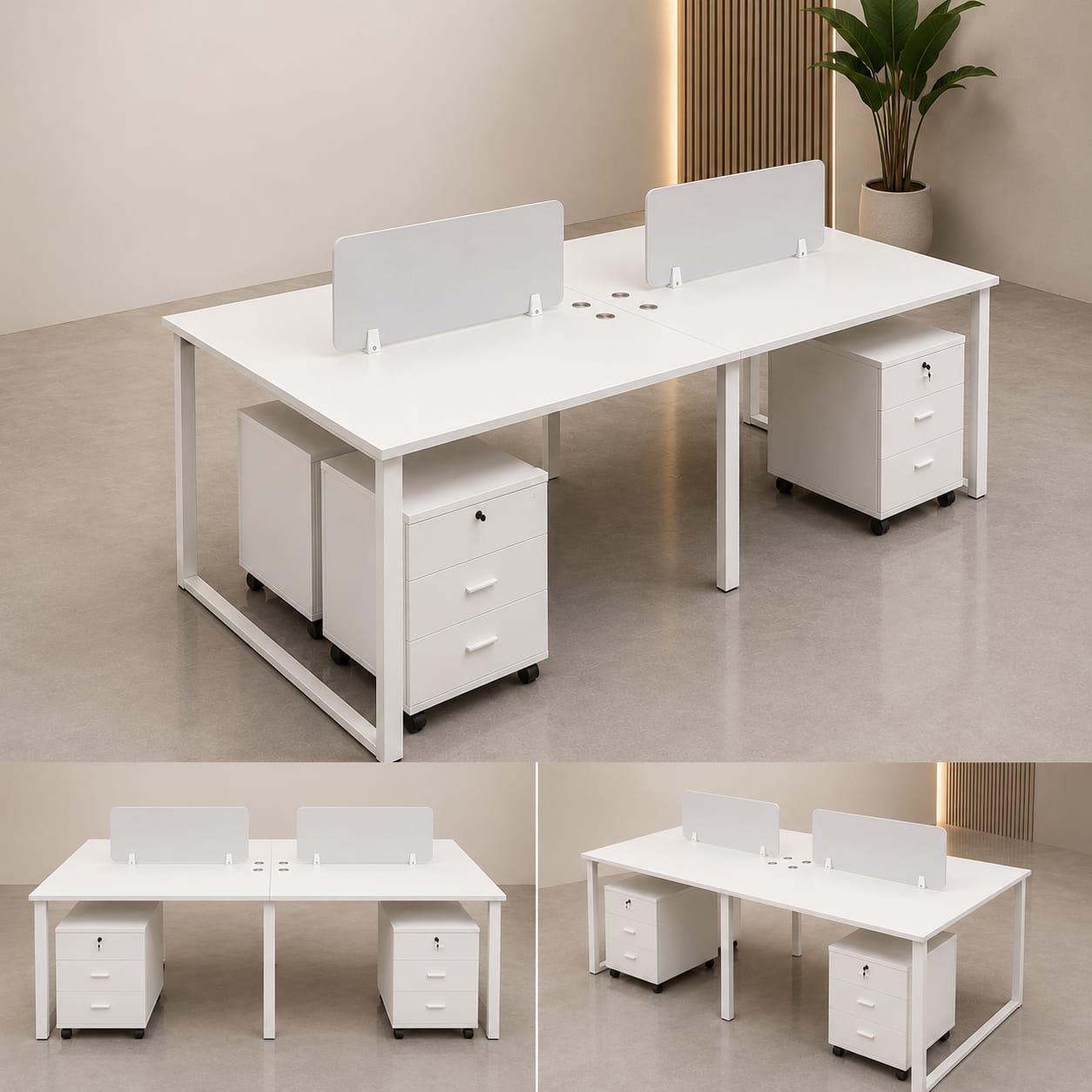 Face to Face 4 Person Office Workstation Desk – 240 × 120 × 75 cm – White & Oak + Khaki – Zubexa Furniture