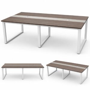 Wooden Steel Meeting Table Oak Khaki 240x120x75 cm with 25 mm MDF top and white metal legs.
