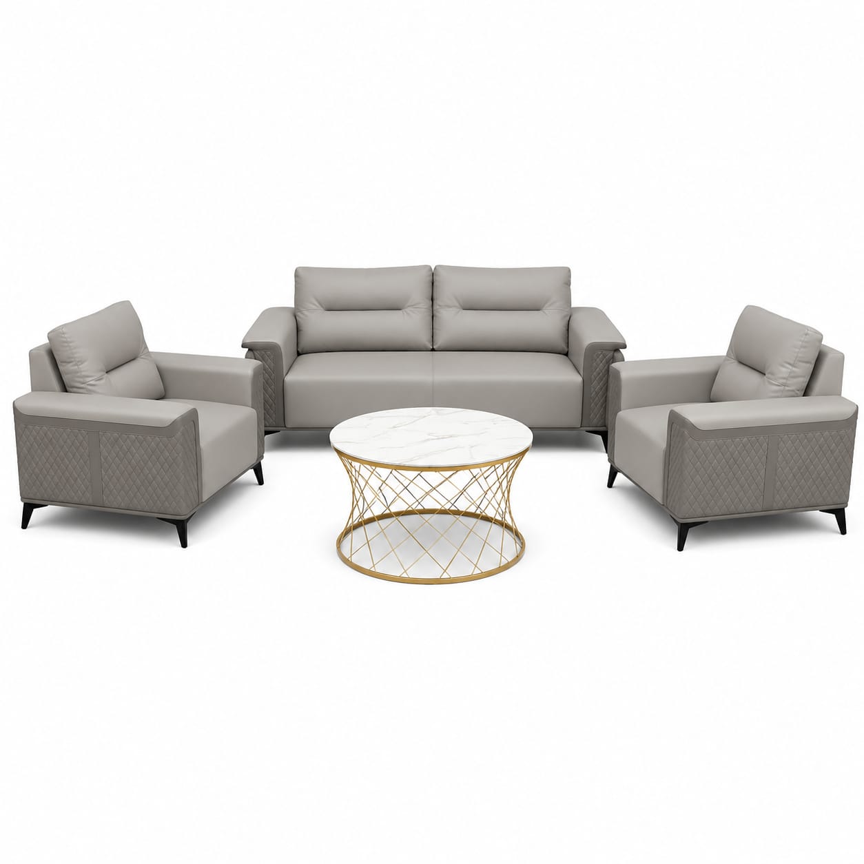 ZFT 5433 Modern PU Leather Office Sofa Set (3+1+1) with Quilted Side Panels in Light Grey & Dark Grey