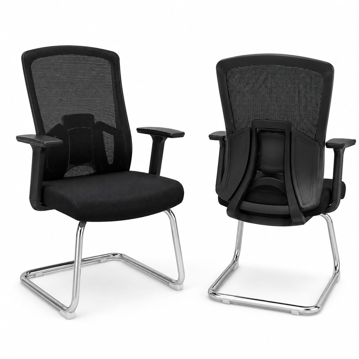 ZX 812-V Black Ergonomic Mesh Visitor Chair with Adjustable Armrests, Lumbar Support and Chrome Sled Base for Office Reception and Conference Rooms