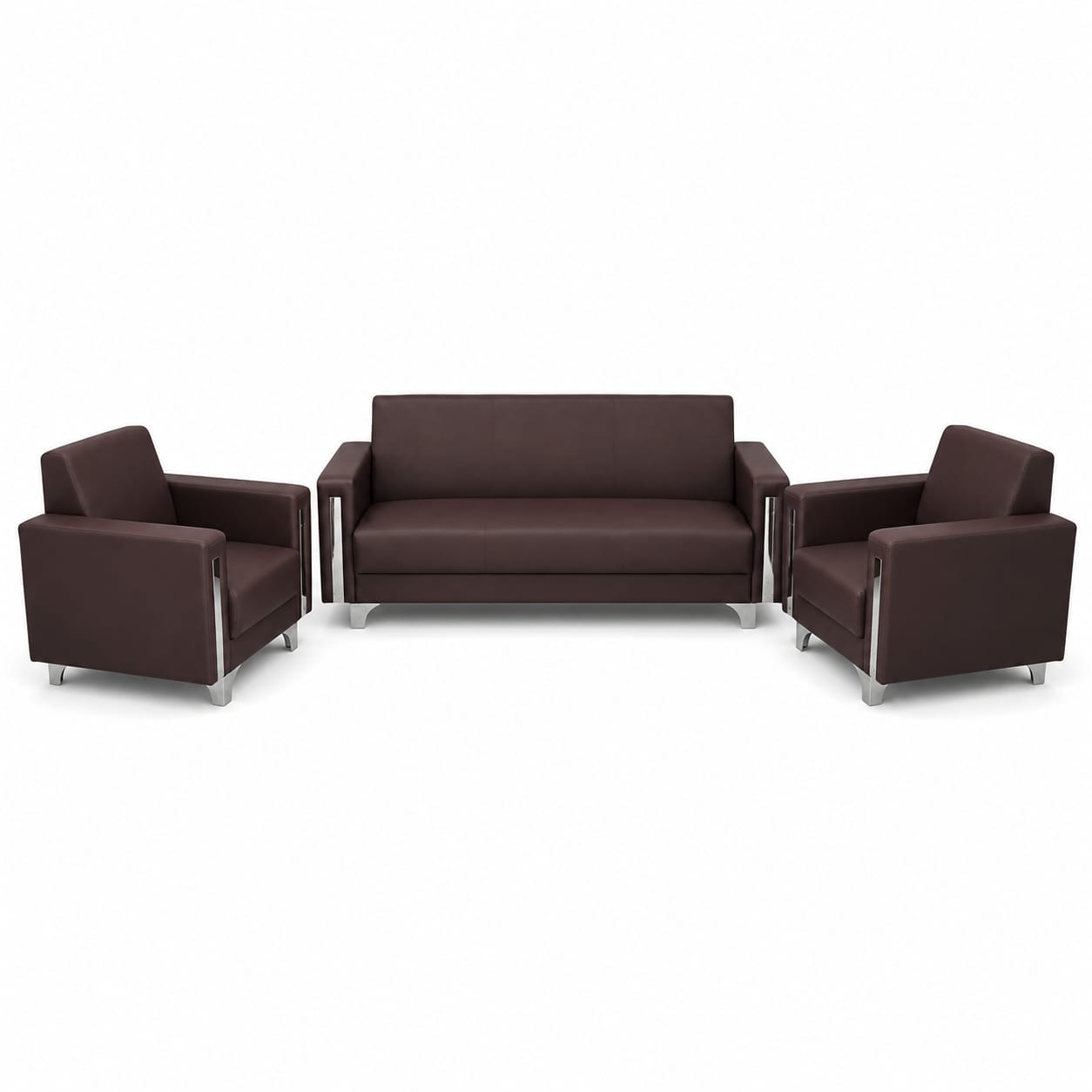ZFT 836 Modern PU Leather Office Sofa Set (3+1+1) with Metallic Arm Accents in Coffee and Black